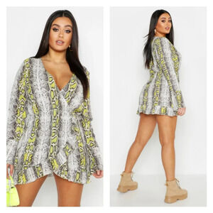 Bohoo‎ Size 14 Snake Print Ruffle Faux Wrap Long Sleeve Elastic Waist Mini Dress